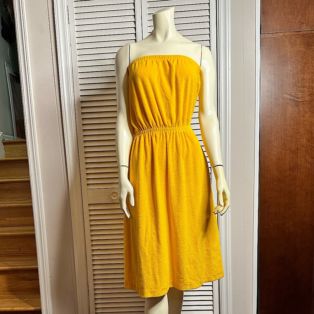 Vintage Strapless Yellow Terry Cloth Coverup Dress with Pockets